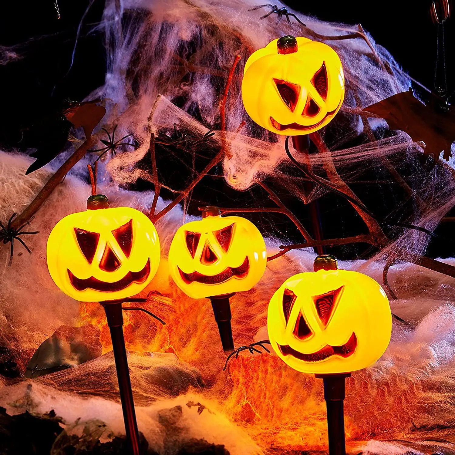 

Halloween Pumpkin Yard Stakes Solar Powered Landscape Path Lights 1 Set of 5 Stakes for Halloween Garden Pathway Halloween Light