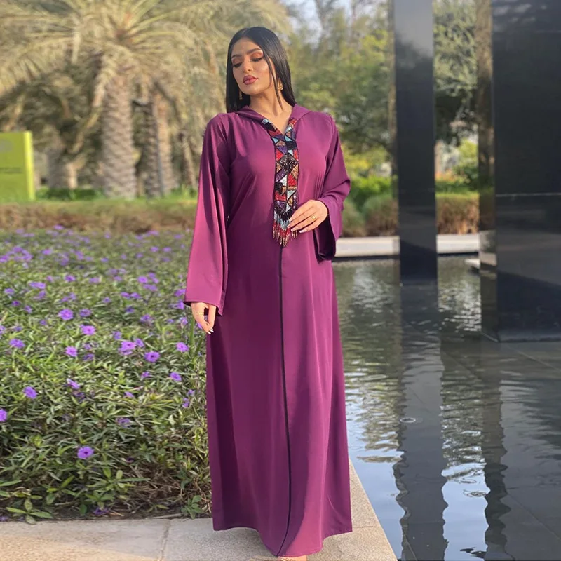 Satin Hooded Abaya Dress for Women Luruxy Beaded Tassel Robe Muslim Moroccan Caftan Dubai Turkey Arab Oman Clothes 2023