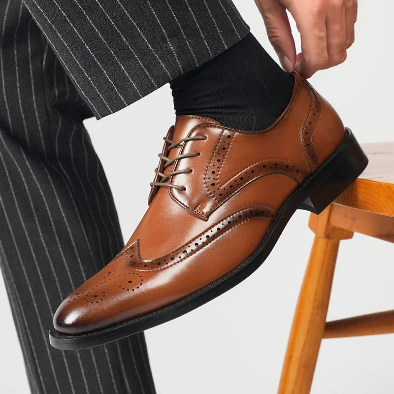 Men Height Increase Oxford Dress Shoes Genuine Cow Leather Lift Brogues Wedding Formal Elevator