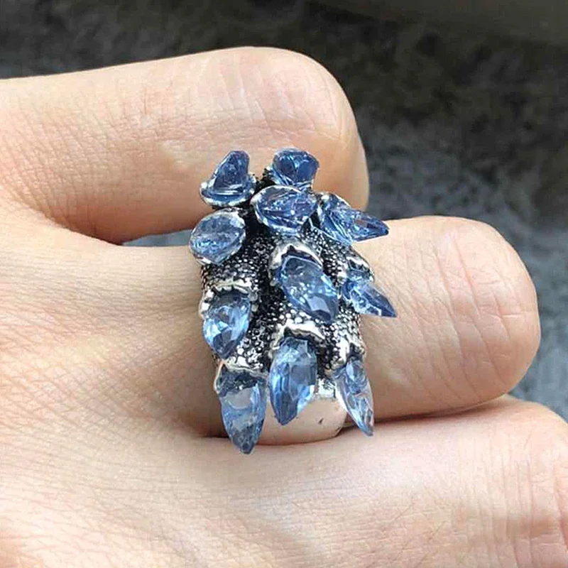 Finger Ring Milangirl Vintage Blue Crystal Rings Women Column Stone Finger Ring Carved Engagement Boho Wedding Jewelry