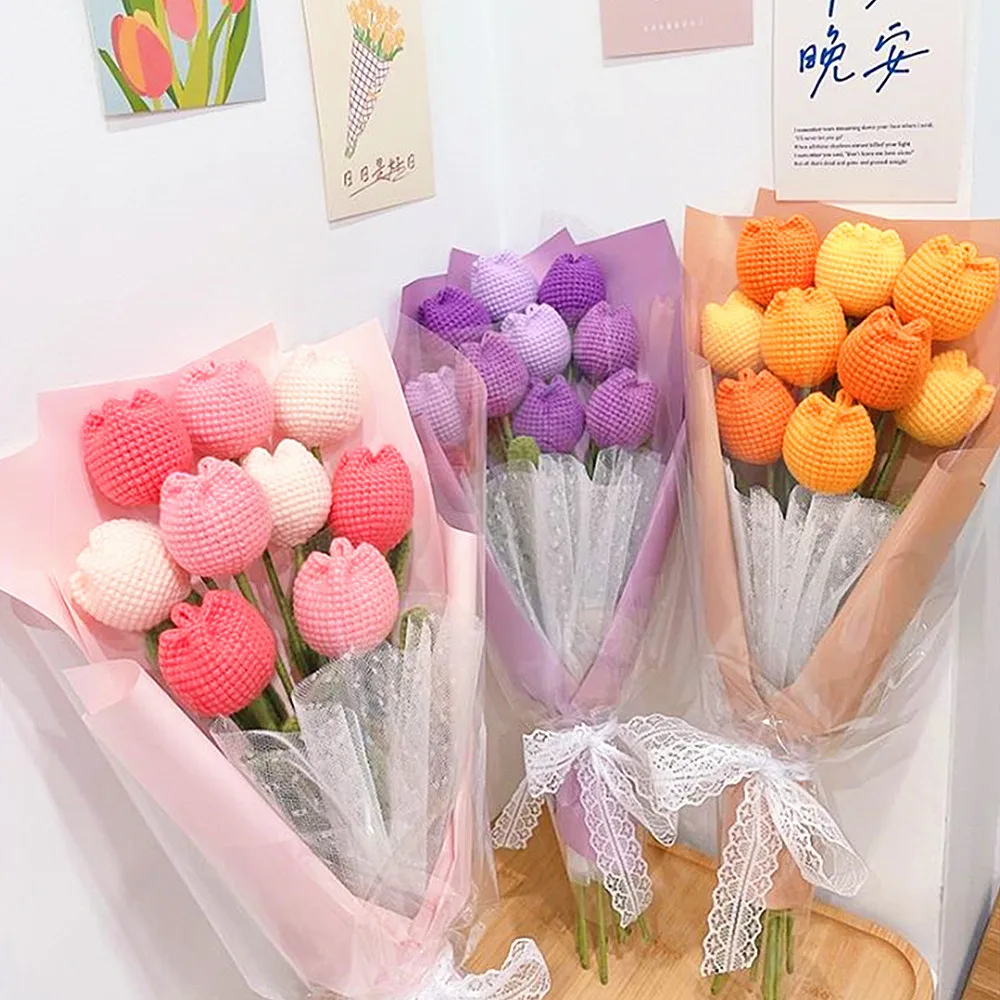 

10pcs Knitted flower Tulip Fake flower Artificial bouquet Wedding decoration Hand-knitted crochet family table decoration gift