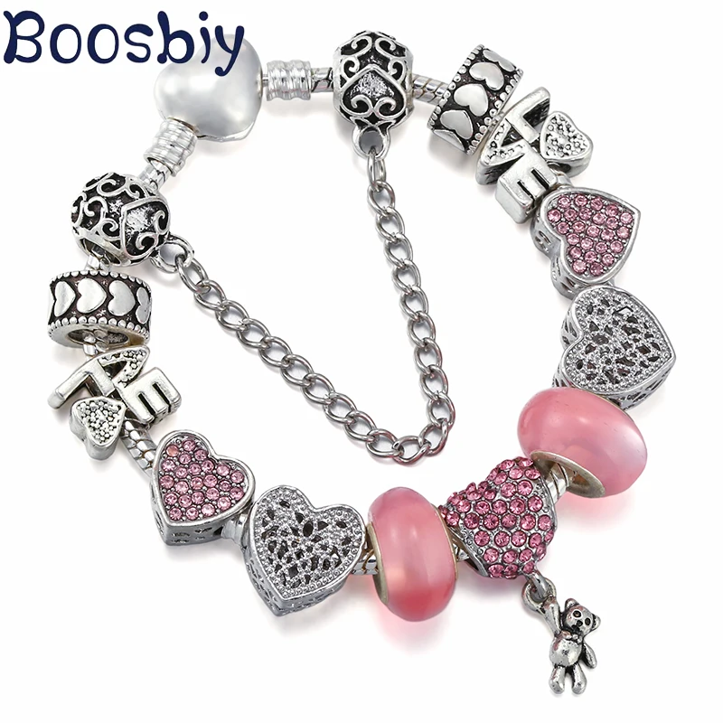 

Pink Heart Bear Love For You Charms Bracelet With Pendant Fit Jewelry Gift Bracelet For Women Lover Valentine's Day Dropshipping