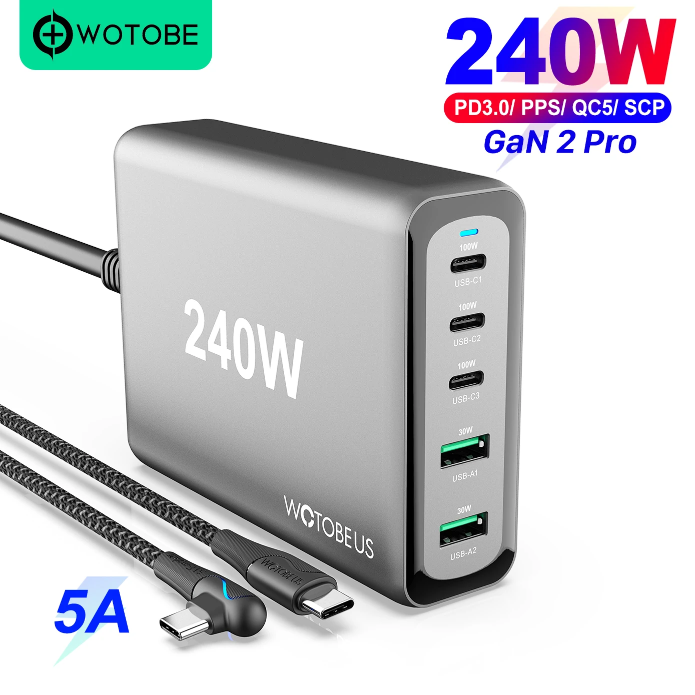 240W GaN 2 Pro USB C Fast Charger, WOTOBE 5 port PD100W PPS 65W 45W QC4