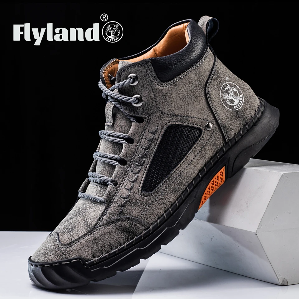 FLYLAND 남성용 클래식 빈티지 캐주얼 부츠, 부드러운 피부 친화적 느낌, 프로스트  가죽, 수제 비즈니스 앵클 부츠
