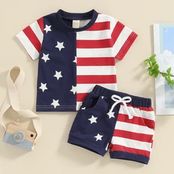 Baby 4th of July Outfit Short Sleeve Stars and Stripes Print T-Shirt and Shorts Toddler 2 Piece Clothes Set