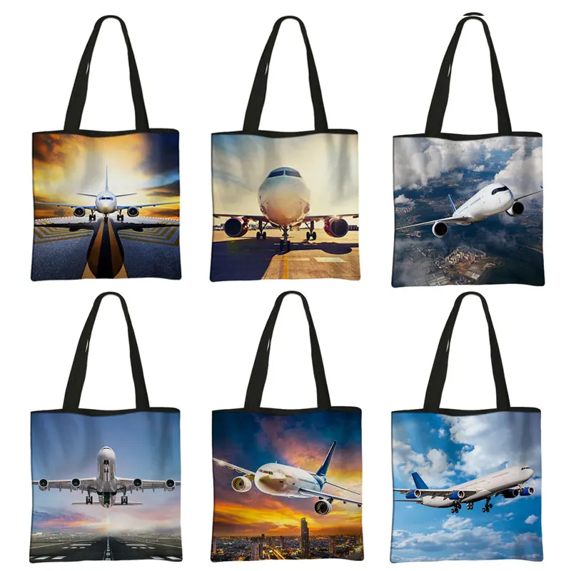Bolso de mano con estampado de avión para mujer, de reutilizable, de lona, para viaje - AliExpress Maletas y bolsas