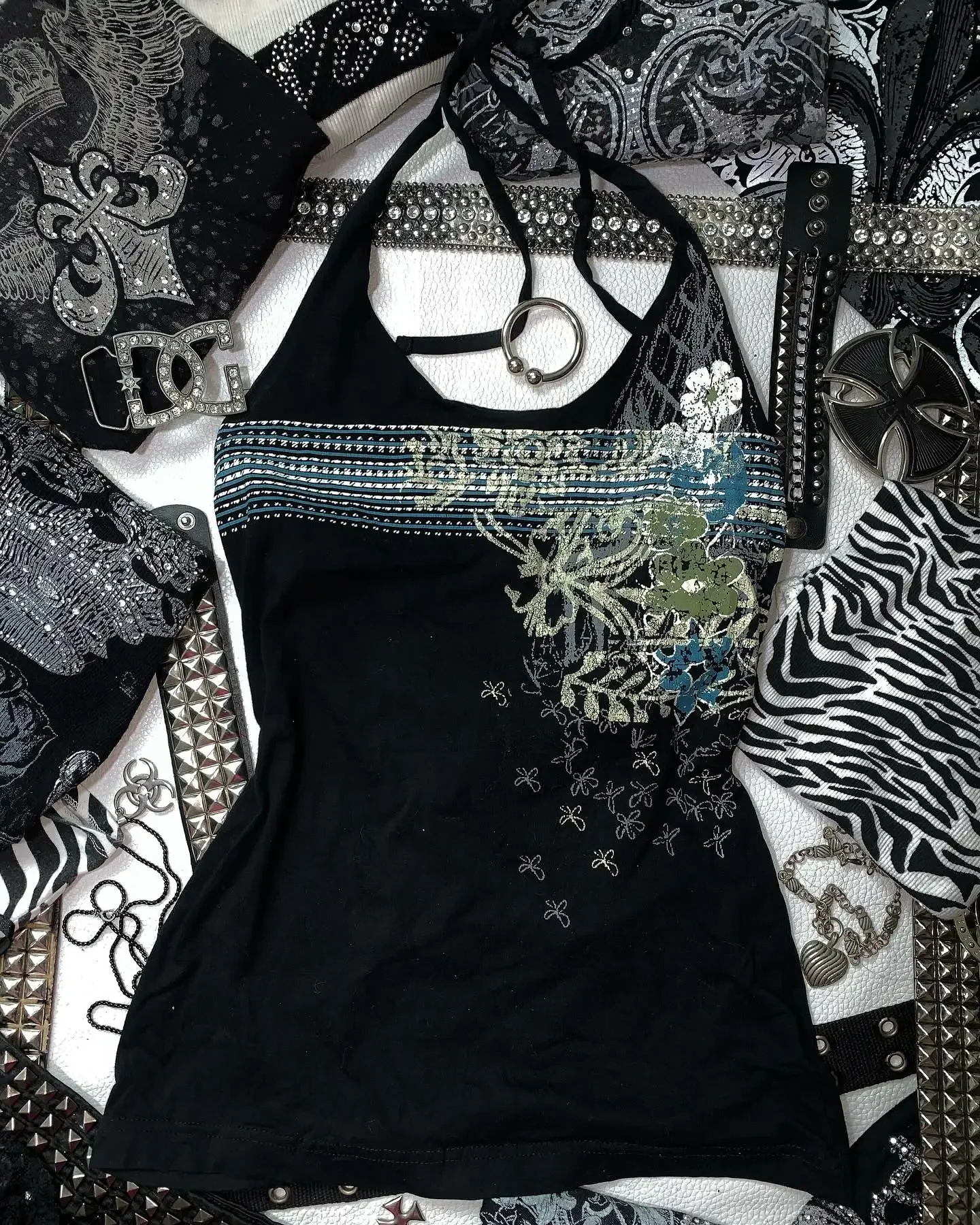 Womens Black Y2K Halter Tank Top Floral Graphic Aesthetic Slim Fit Cami S-L