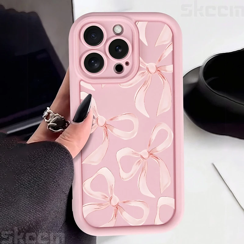 Chic Light Pink Bow Silicone Phone Case - Anti-Drop Soft Cover