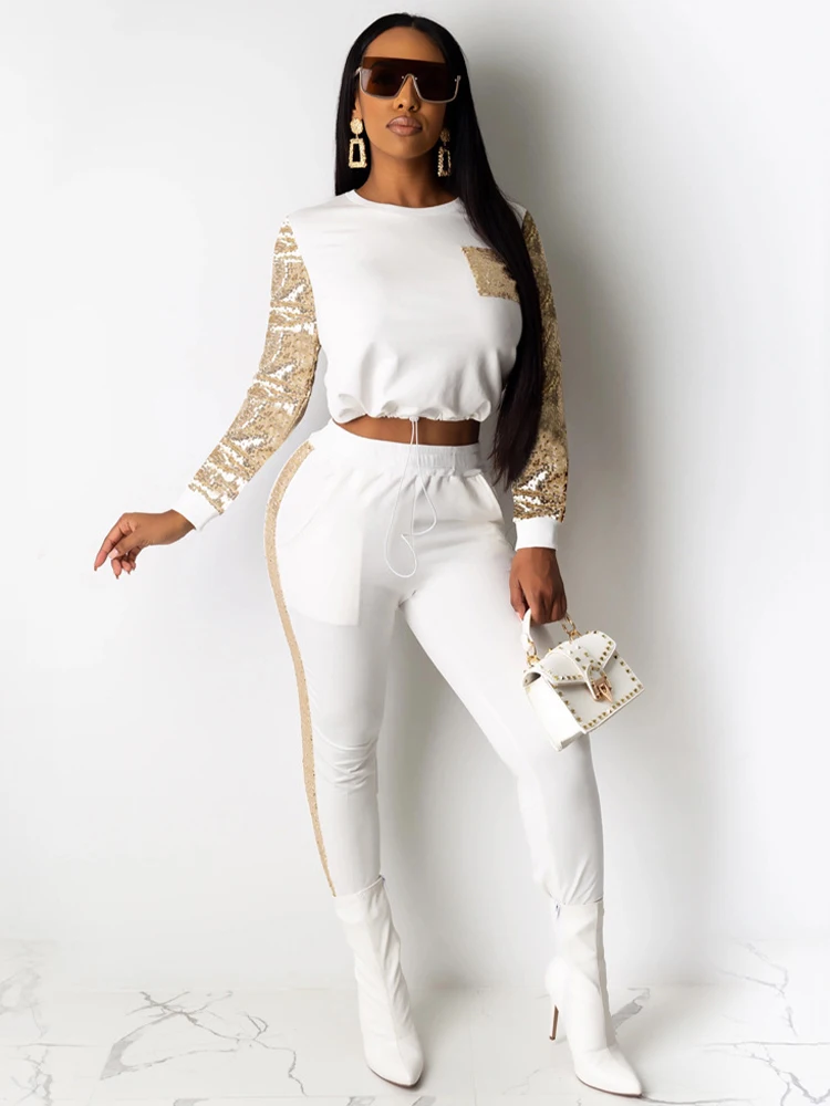 

Sparkly Gold Sequin Spliced Women's Tracksuits Trendy Crewneck Long Sleeve Crop Hoodies and High Waist Pencil Legging Sweatsuits