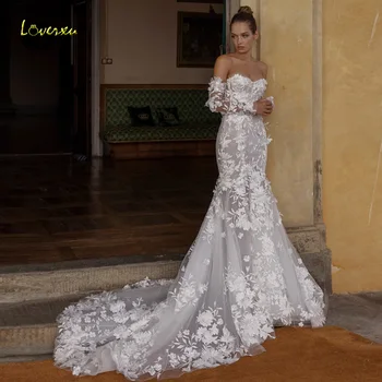 Loverxu Mermaid Sexy Wedding Dresses Strapless Long Sleeve Vestido De Novia Beading Appliques 3D Flowers Custom Made Bridal Gown 1