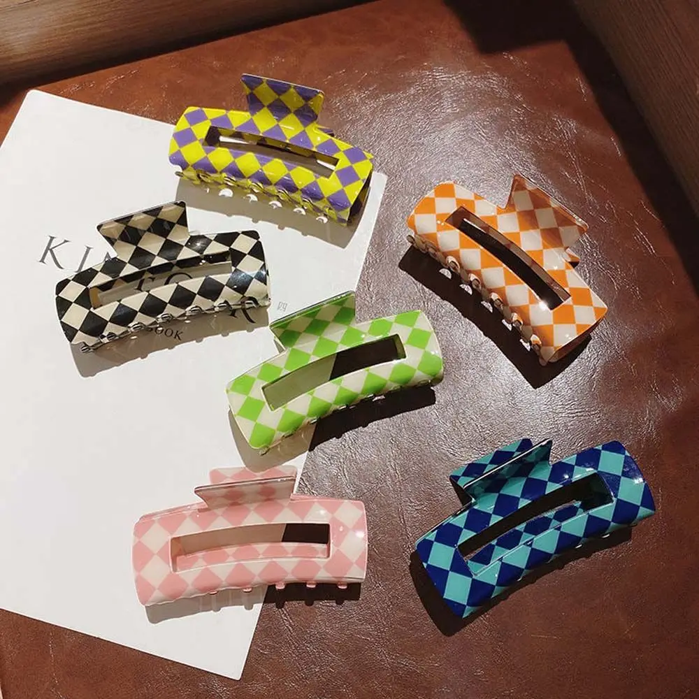 

Big Fashion Candy Color Checkerboard Lattice Pattern Barrettes Hair Clips Korean Style Hair Claws Hair Ornaments