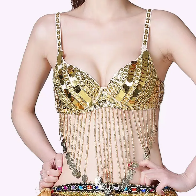 

New Women's Adult Belly Dance Costume Chest Sequin Tassel Steel Bracelet Dance Performance Practice Dress Top