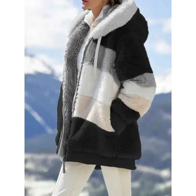 

Fashion Women's Coat New Casual Hooded Zipper Ladies Clothes Cashmere Women Jacket Stitching Plaid Ladies Coats
