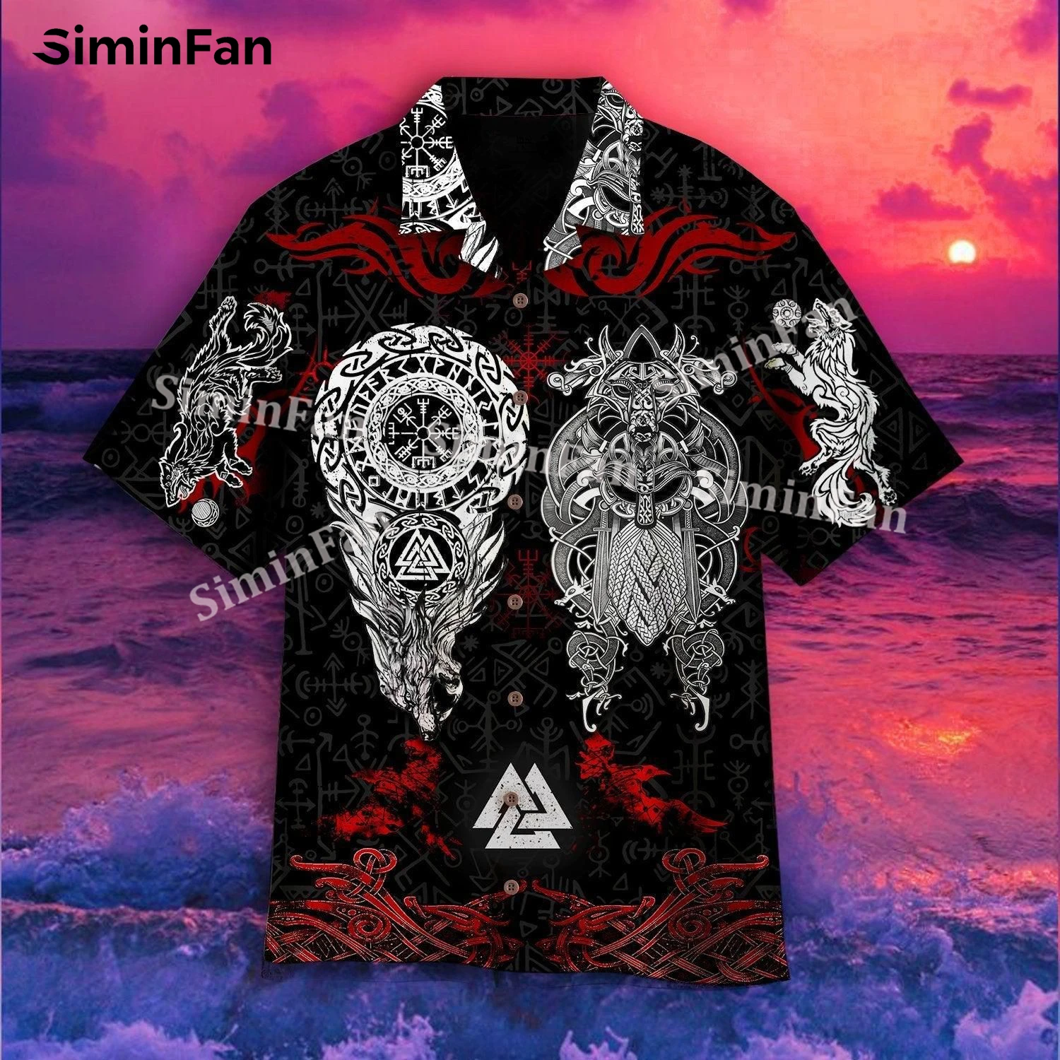 

Viking Fenrir Wolf Head Mens Aloha Hawaiian Shirts 3D All Over Printed Male Beach Tshirt Female Summer Lapel Tee Unisex Top-1