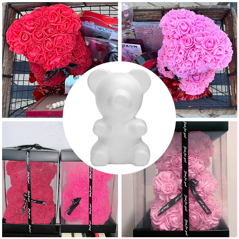 1 Stücke Weiß Schaum Bär Form Polystyrol Styropor Künstliche Blume Kopf Rose Bär Valentinstag Geschenke Party Hochzeit Dekoration – Detail 3