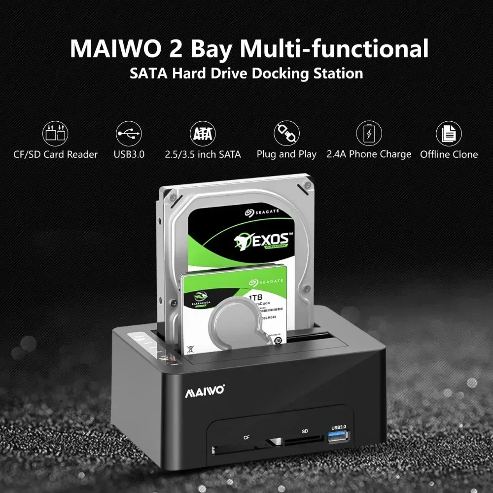 MAIWO 듀얼 베이 HDD 도킹 스테이션, 오프라인 복제 읽기, CF 및 SD 카드, USB 3.0 to SATA, 2.5 인치, 3.5 인치 SSD 디스크, HDD 도크