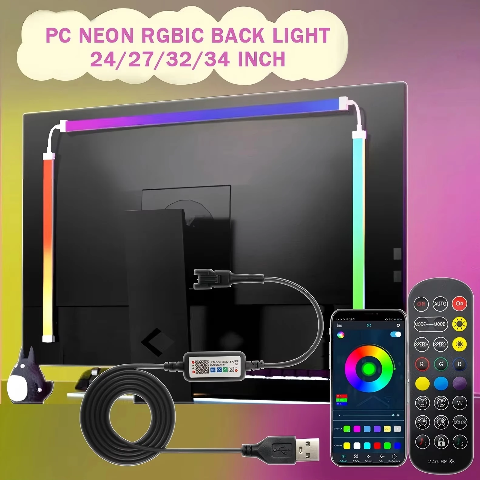 24-34inch Monitor LED RGBIC Gaming Neon Backlight App Control USB Powered 5V LED Light for PC Music Sync Lighting for Computer