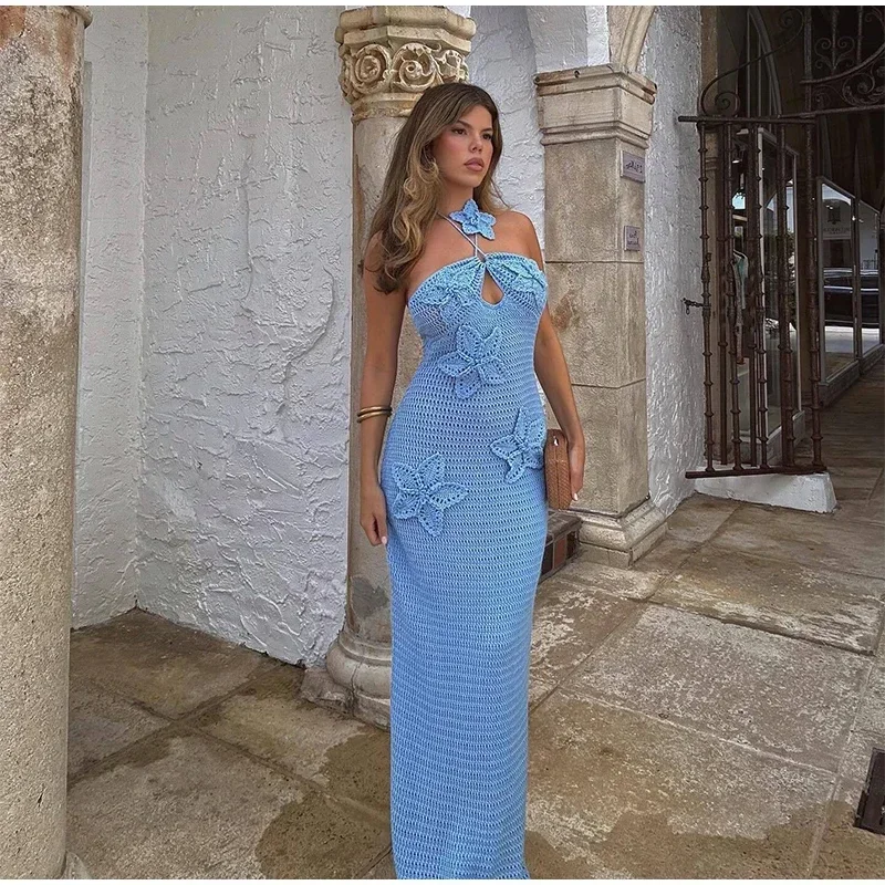Sexy Knitted 3d Flower Halter Long Dress Women Crochet Hollow Out Sleeveless Blue Maxi Dresses New Lady Beach Vacation Robe