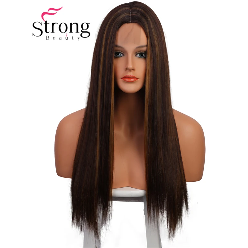 

StrongBeauty Synthetic Wig Long Silky Straight Layered Brown Auburn Highlights Heat Ok Full Hair Wigs for Women