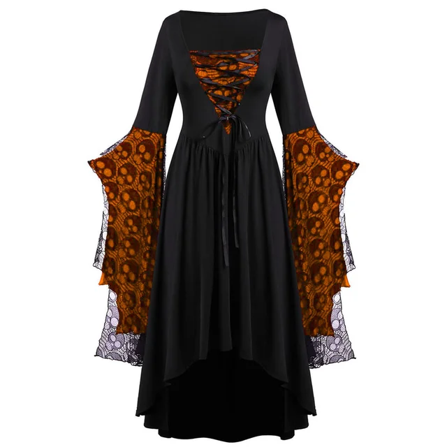 New Fashion Skull Lace Strap Dress Popular Party Dress Halloween Temperament Retro Long Dress Halloween Dress Women's Clothing 1