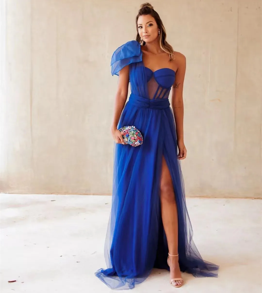 

Fashionvane Light Royal Blue Tulle Prom Dresses Sweetheart One Shoulder Bow Bridesmaid Dress Side Slit A Line Evening Gowns
