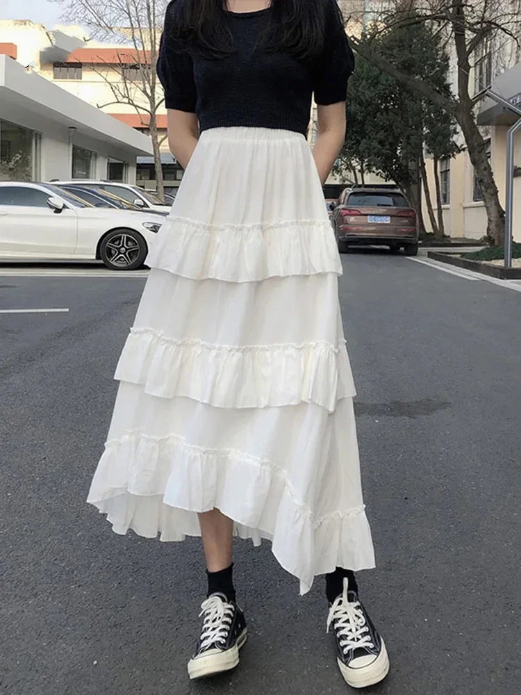 

New Sweet Lady Casual Skirt Summer Korean Women Fashion High Waist Asymmetric Solid Color Pleated Versatile Spliced Half Skirt