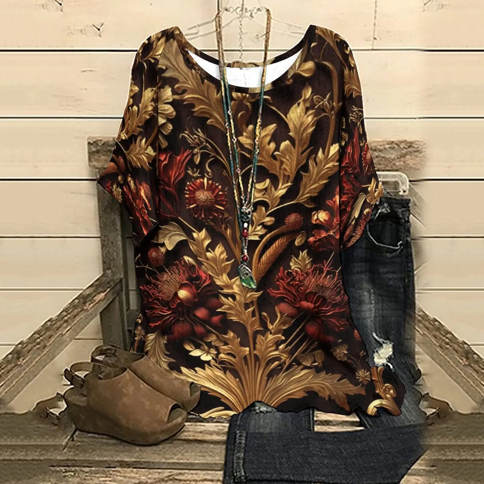 

Летняя женская футболка с рукавом до локтя, модный топ с цветочным принтом в стиле барокко, футболка