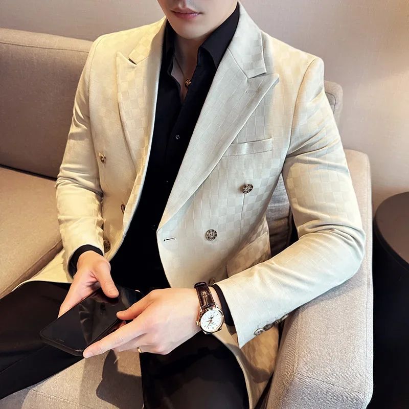 브랜드 체크 무늬 더블 브레스트 블레이저, 슬림핏 비즈니스 소셜 포멀 세트 재킷, 패션 웨딩 신랑 파티 원피스 코트