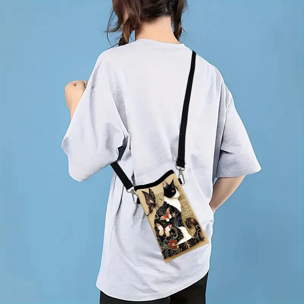 Lustige Schmetterlings-Katzen-Handytasche mit Umhängeband, exquisites Geschenk, Umhängetasche aus Polyestergewebe, Handytasche 7.2 – Detail 11