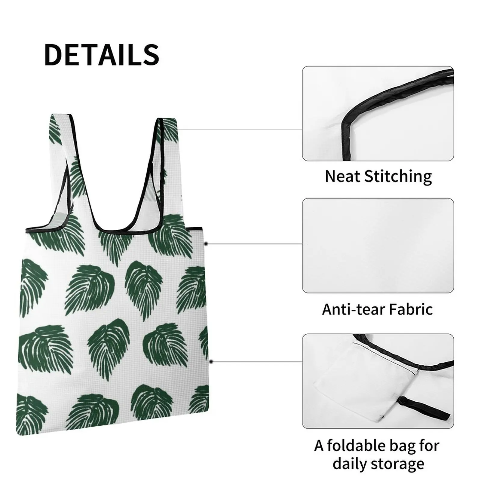 Foldable Shopping Bag Green Leaves Handbag Custom Pattern String Bag Lightweight Waterproof Reusable Large Capacity Tote Bag