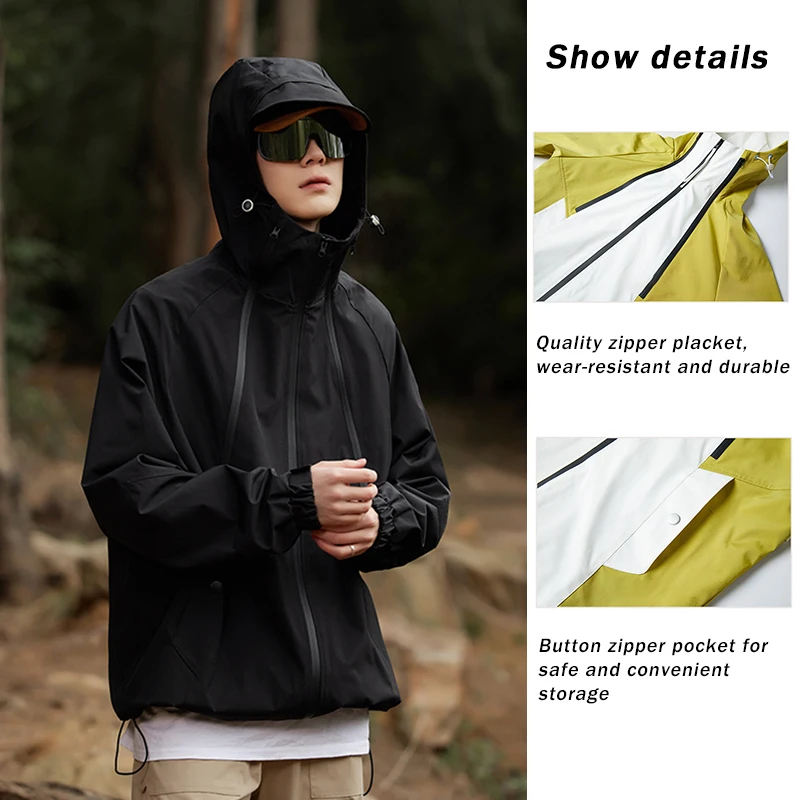 Hiking Jackets Men Waterproof Coats Women's Windproof Windbreaker Coat Outdoor Camping Patchwork Color Loose Coat Hooded Jacket