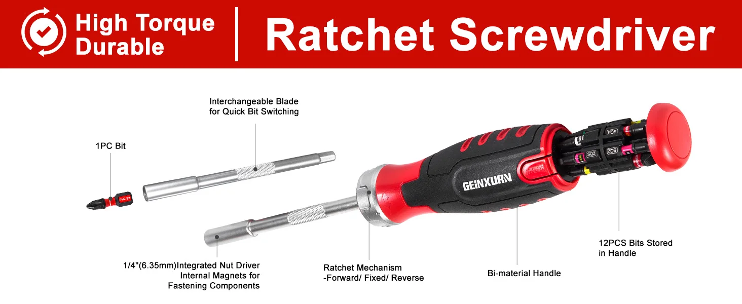 Geinxurn 12-in-1-Ratschenschraubendreher-Set, mit 12-teiligen Schlagschraubendreher-Bits, tragbares Handwerkzeug-Set für Reparaturen und Heimwerken – Detail 7