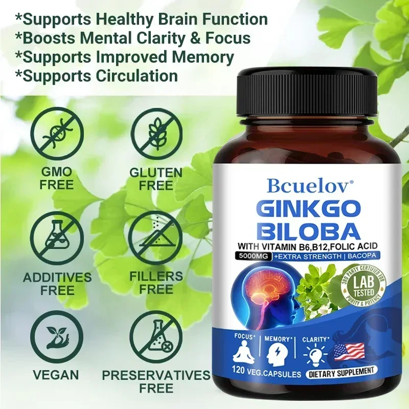 Ginkgo Biloba Capsules Memory Support Supplement Brain Function Mental Alertness Focus Concentration with Vitamin B6 B12 ginkgo biloba supplement