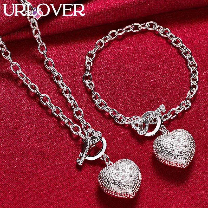 

URLOVER 925 Sterling Silver Heart/Key Zirconia Pendant Chain Necklace Bracelet Set For Woman Party Birthday Fashion Jewelry