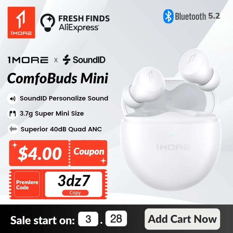 [World Premiere] 1MORE ComfoBuds Mini Bluetooth 5.2 Earbuds 40dB Active Nnceling Headphones 3.7g Super Tiny Tws Wirless Charging |
