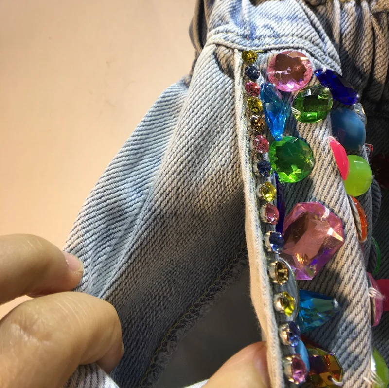 High Waxed Shorts Female Student 2023 Spring and Summer New Heavy Diamond Gem Wide-Leg Denim Shorts Women's Pants Denim Shorts
