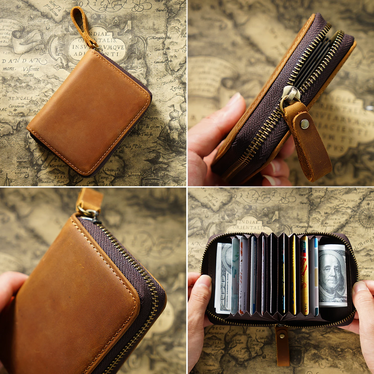Top-Grain Leather Accordion Wallet-RFID Blocking Vintage Multi-Card Holder with High Capacity Coin Purse