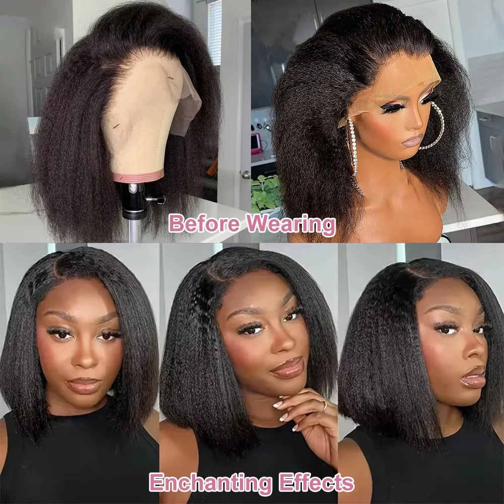 250% Density Short Bob 13x4 HD Lace Front Human Hair Wigs Women Peruvian Kinky Straight Glueless Lace Frontal Wigs Coarse Yaki 3