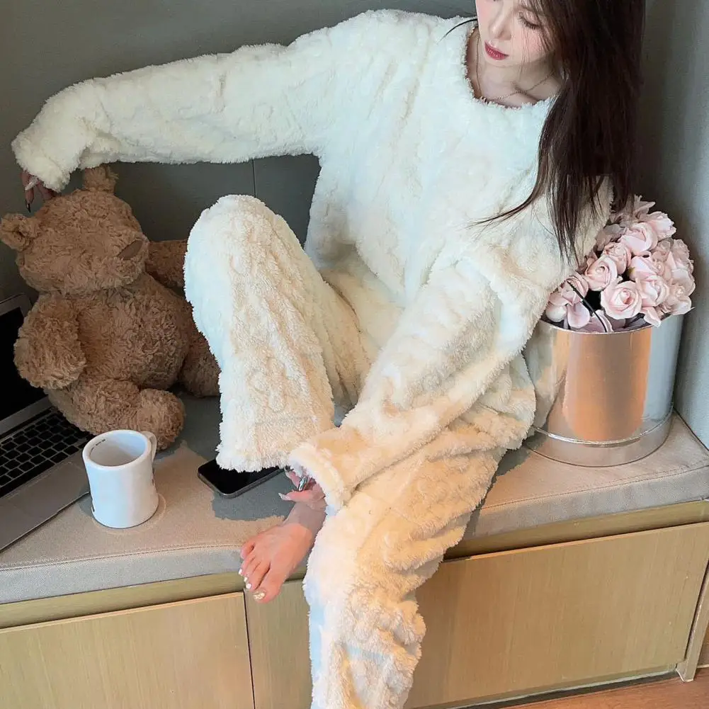 Warm Skin-friendly Women Sleepwear Cozy Winter Pajama Set 2-piece Women's Fleece Homewear with Thickened Warmth for Comfort winter pajama set women pant suits 2 two piece set women fleece pajamas sleepwear thick warm velvet female nightgown suit pajama