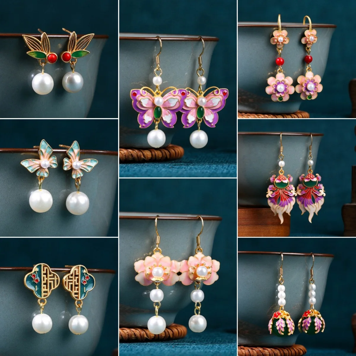 Chinese Style Pearl Pendant Earrings for Women Gradient Butterfly Enamel Earrings Light Luxury Retro Jewelry Birthday Gift