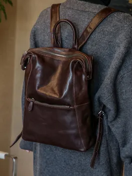 Zaino da donna in pelle di vacchetta conciata al vegetale, realizzato a mano, dal design casual, stile vintage e di lusso, borsa a tracolla in vera pelle.