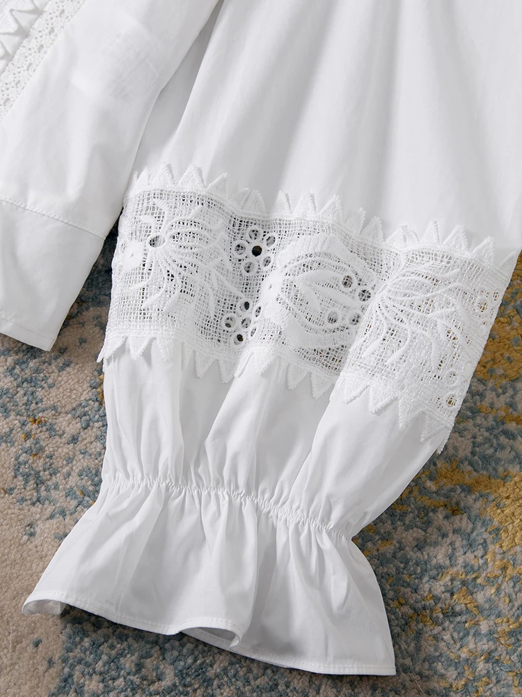 French White Lace Patchwork Blouse Women Puff Sleeve Long Sleeve Top Elegant Fairy Style Shirt Summer 4