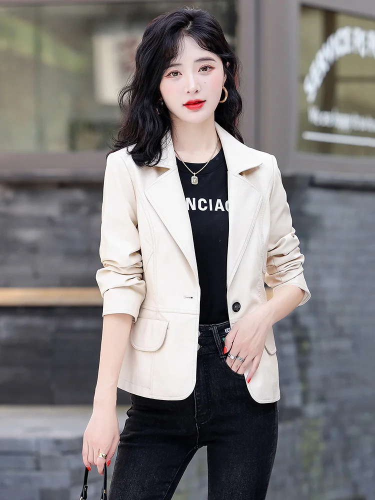 M-4XL New Women Sheepskin Blazer Spring Autumn Fashion Turn-down Collar Slim Split Leather Jacket Classic Single Button Coat