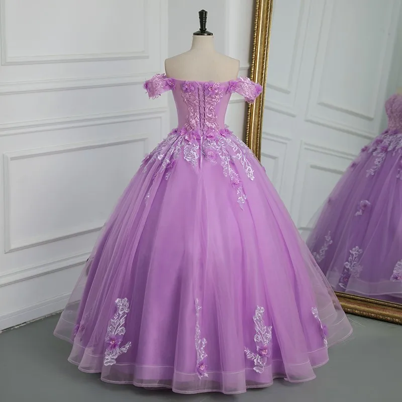 New Off The Shoulder Quinceanera Dresses Purple Tulle Floor-length Ball Gown Sweet Lace Flower Vestido De Debutante Plus Size images - 6