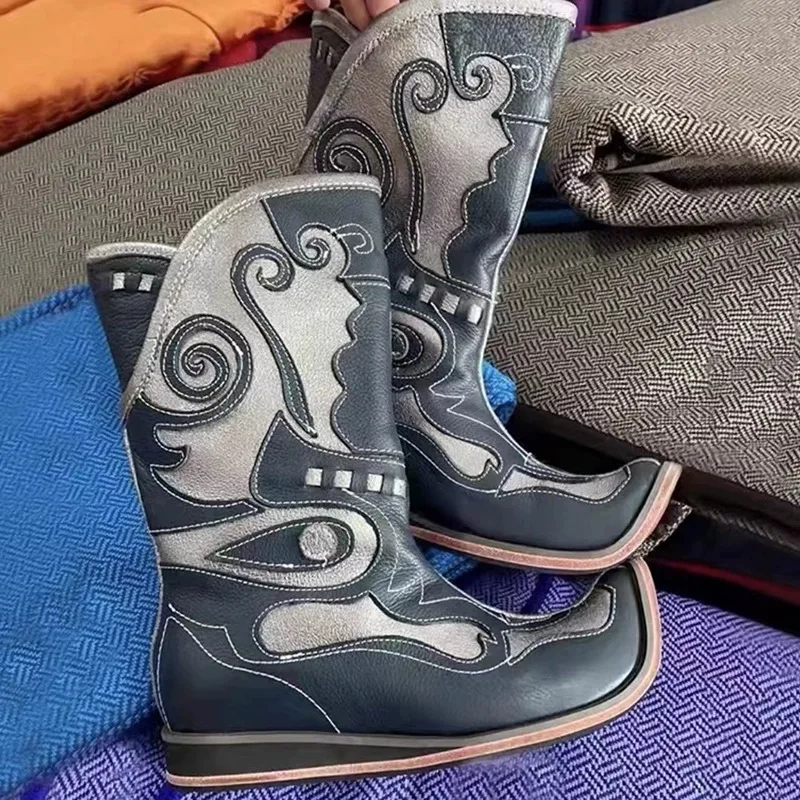 

Wedge Panel Material Mongolian Rider Boots Color-Block Personalized Embroidery Mid-Tube Pointed Toe Botines Women Shoes