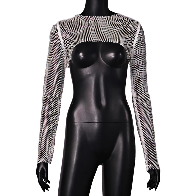 Damen Strass Netz Crop Top Langarm Hochgeschlossener Transparenter Fischernetz-Bluse Y2K Glitzer Party Clubwear mit Ausschnitten – Detail 12