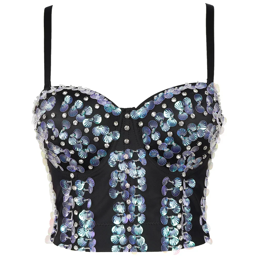 

Sexy Fishbone Corset with Sequin Halter Top for Women's Belly Dance Costume Bustier Cami Crop Top