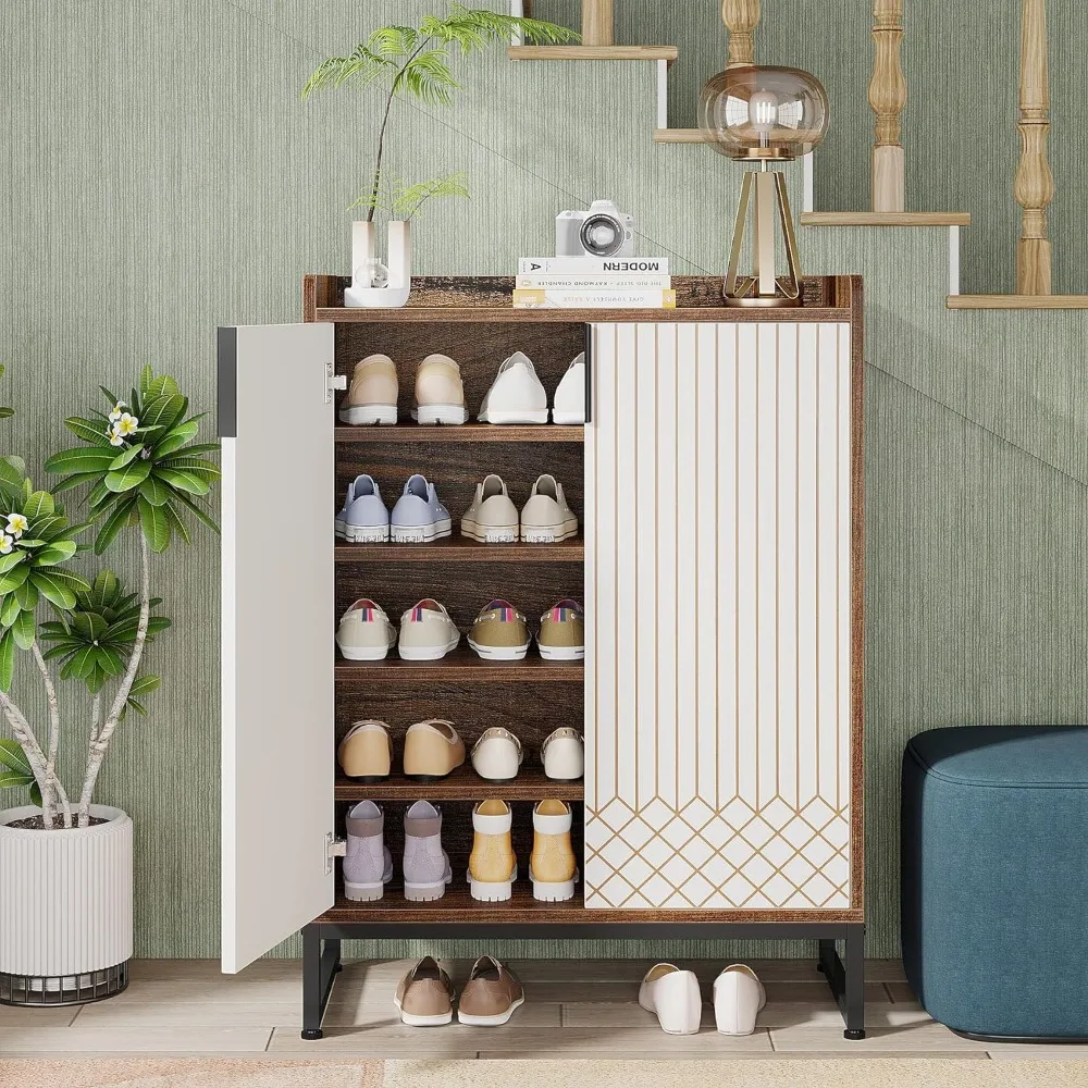 Modern Shoe Cabinet for Entryway, 25 Pairs Shoe Cabinet with Doors, Wood 5-Tier Shoe Organizer, Freestanding Brown 3