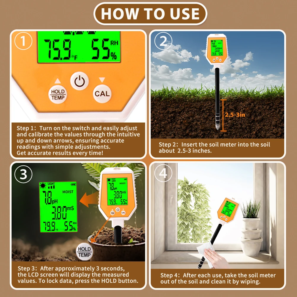 Soil Meter Digital pH Moisture Fertility Light Temp Humidity Analyzer for Garden