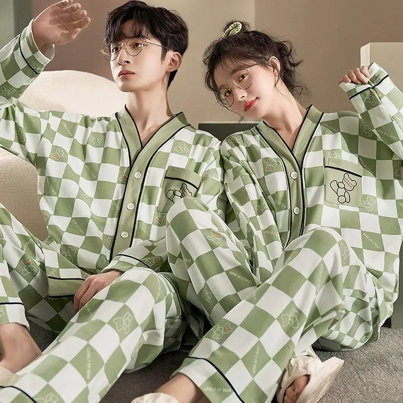 커플 잠옷 100% 면 2023, 여성 잠옷, 가을과 봄 v넥 버튼 가디건, 라운지웨어, 여성 및 남성 잠옷